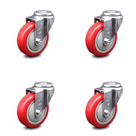 Service Caster 4 Inch Red Polyurethane Wheel Swivel Bolt Hole Caster Set SCC-BH20S414-PPUB-RED-4